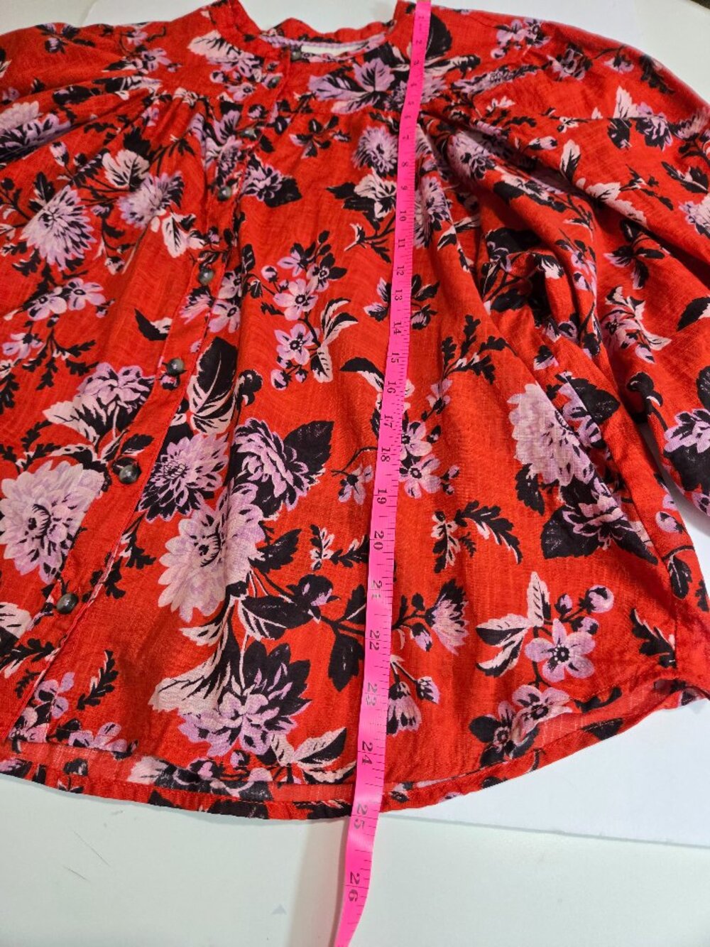 Maeve Anthropologie Red Orange Floral Pintucked Button-Down Boho blouse sz Large - Picture 10 of 14